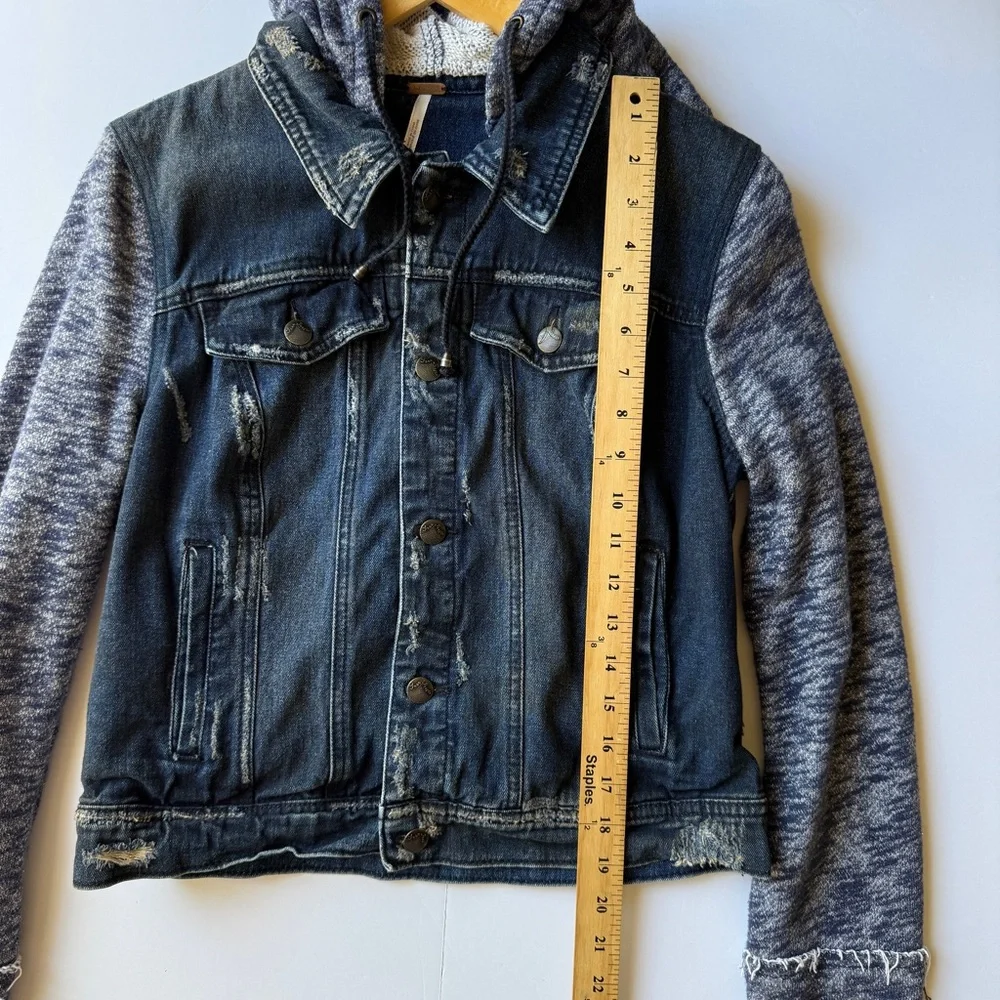 Free People Dark Denim Jean Jacket with Heathered Gray Knit Sleeves